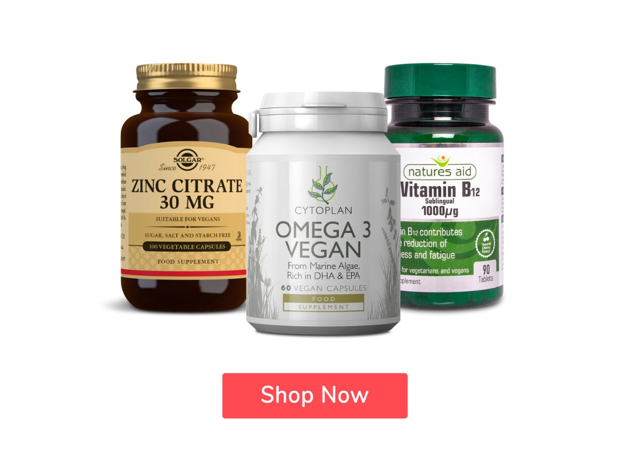 vegan iron, omega 3 and b 12 supplements with button ‘shop now’